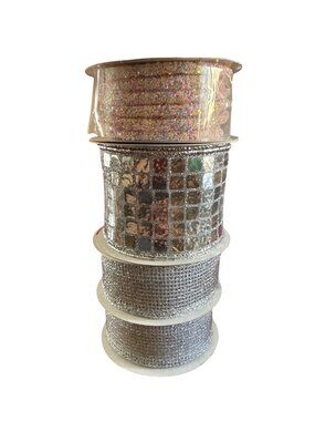 Wired & Decorative Craft Ribbon Bundle 2.5" & 1/4" Widths Silver Glitter Mosaic